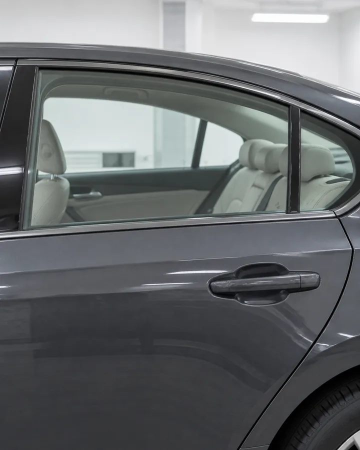 The rear side window of a car, showing the glass and door frame in detail.